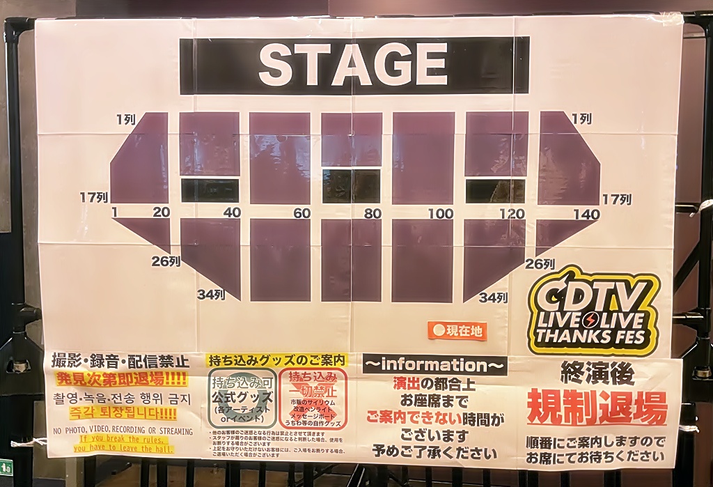日本のコンサート会場のルールとマナーが書かれた案内板（撮影禁止・持ち込み禁止など）