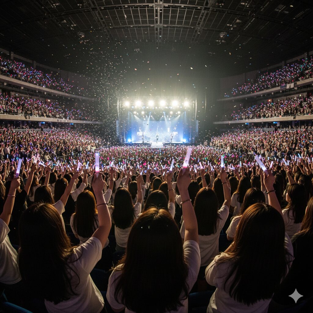 K-POPコンサート会場で、アジア人ファンたちがペンライトを持ち、一斉に声を出し、熱狂的な一体感の中で応援している光景。