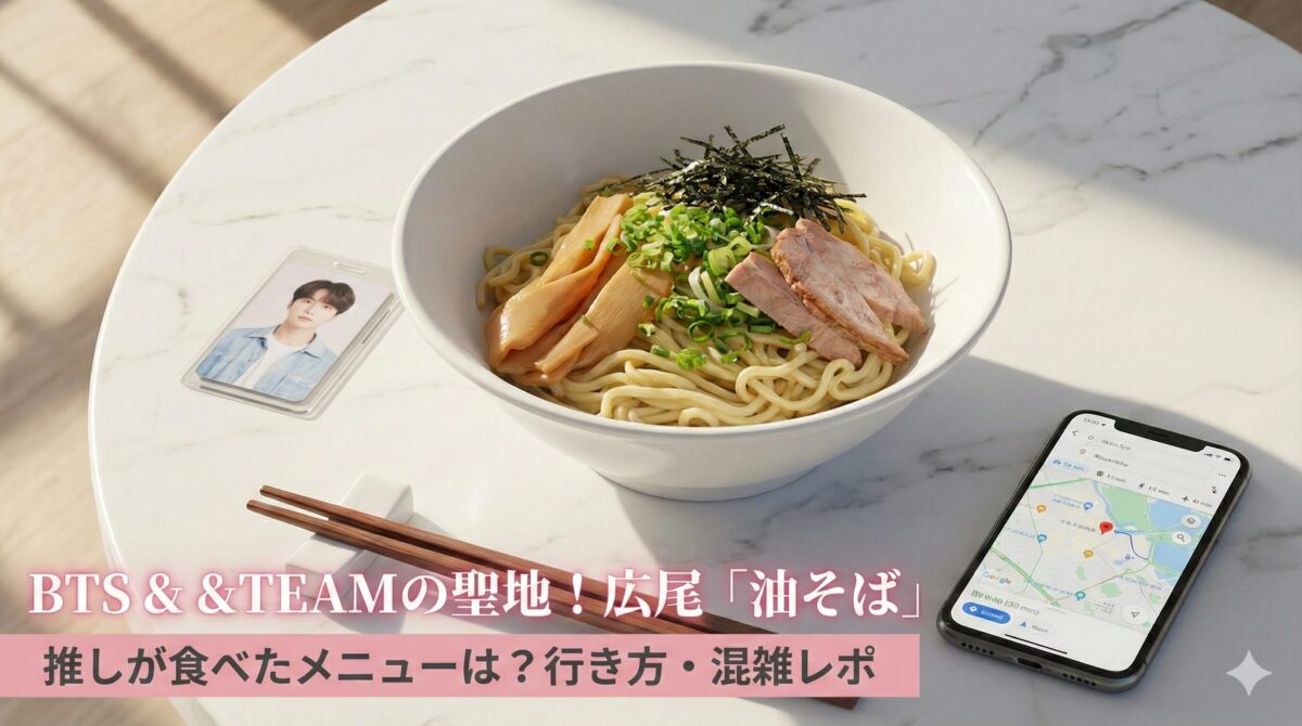 BTSと&TEAMの聖地、広尾の油そば紹介記事のアイキャッチ。おしゃれな白い器の油そば、推しのトレカ、スマホの地図画面を白大理石の上に配置。