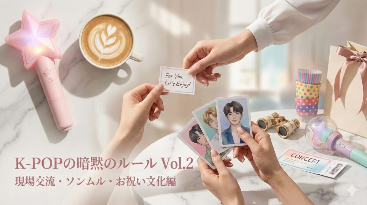 K-POPの暗黙のルール Vol.2｜現場交流・ソンムル・お祝い文化編。大理石のテーブルの上で、ファン同士がトレカやメッセージカードを交換し、ペンライトやカフェラテが置かれている様子。