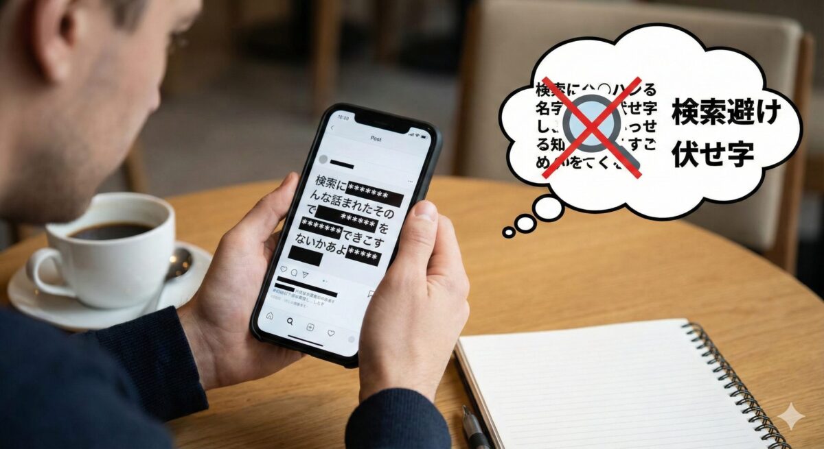 スマートフォンでSNSの投稿画面を見ながら、伏せ字や検索避けについて考えている様子のイメージ