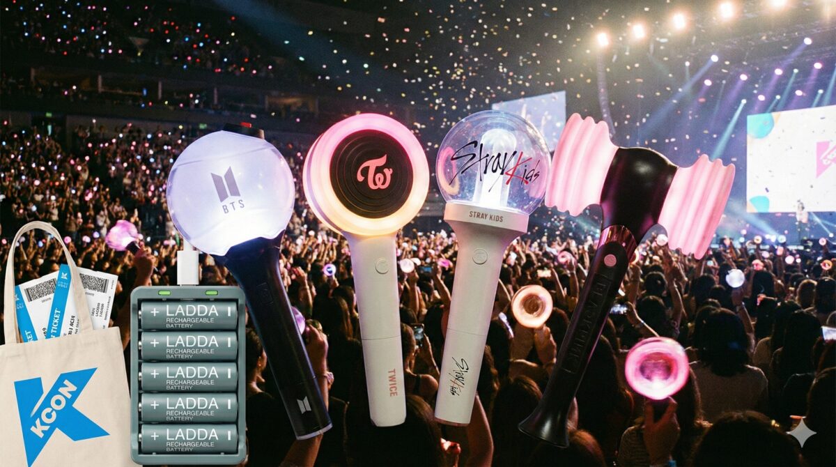 K-POPコンサートの必需品である公式ペンライトと、予備の充電式電池（IKEAなど）。