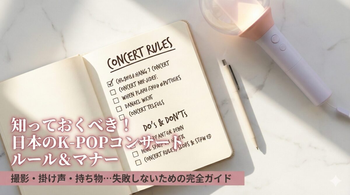 日本のK-POPコンサートのルールとマナー解説記事のアイキャッチ。白大理石の上に、ルールが書かれた手帳、ペン、ペンライトをおしゃれに配置。