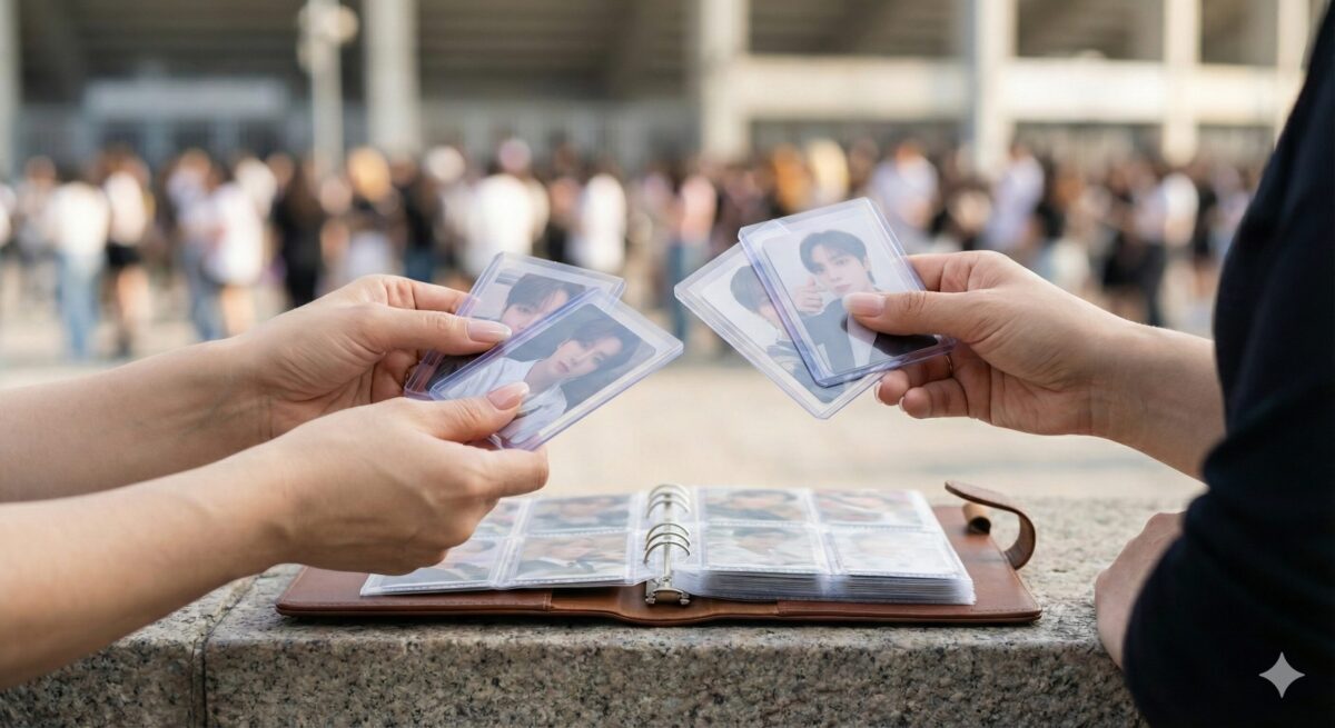 コンサート会場付近で、大人のファン同士が硬質ケースに入ったK-POPトレカを交換している手元の写真。手前には茶色のレザーバインダーが置かれている。