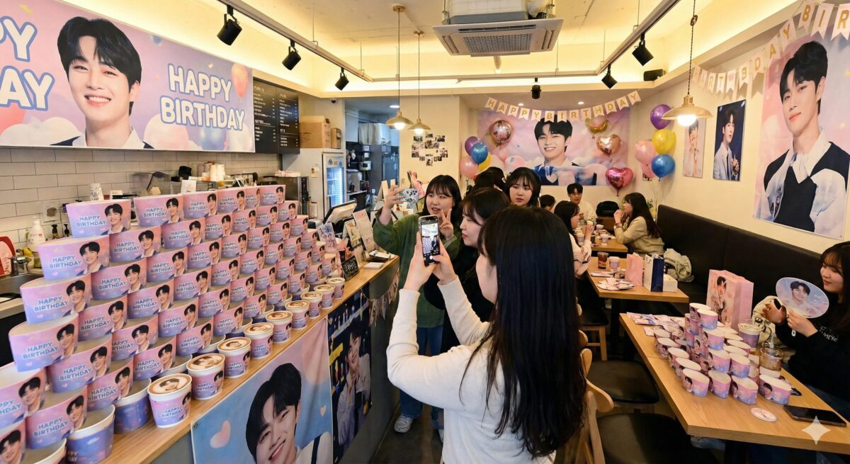 K-POPアイドルの誕生日を祝うセンイルカフェの店内の様子。カウンターに積み上げられたカップホルダーや店内の装飾、写真を撮って楽しむファンたち。