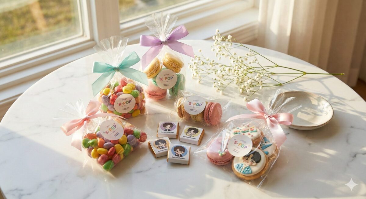 白い大理石のテーブルの上に並べられた、パステルカラーのリボンで可愛くラッピングされたK-POPのソンムル。自作の推しシールが貼られたマカロンやキャンディの袋、オリジナルパッケージのチョコ。