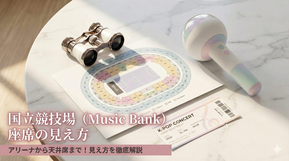 国立競技場（Music Bank）の座席見え方ガイド。白大理石の上に双眼鏡、座席表、ペンライトをおしゃれに配置。アリーナ席からスタンド天井席までの眺めを解説。
