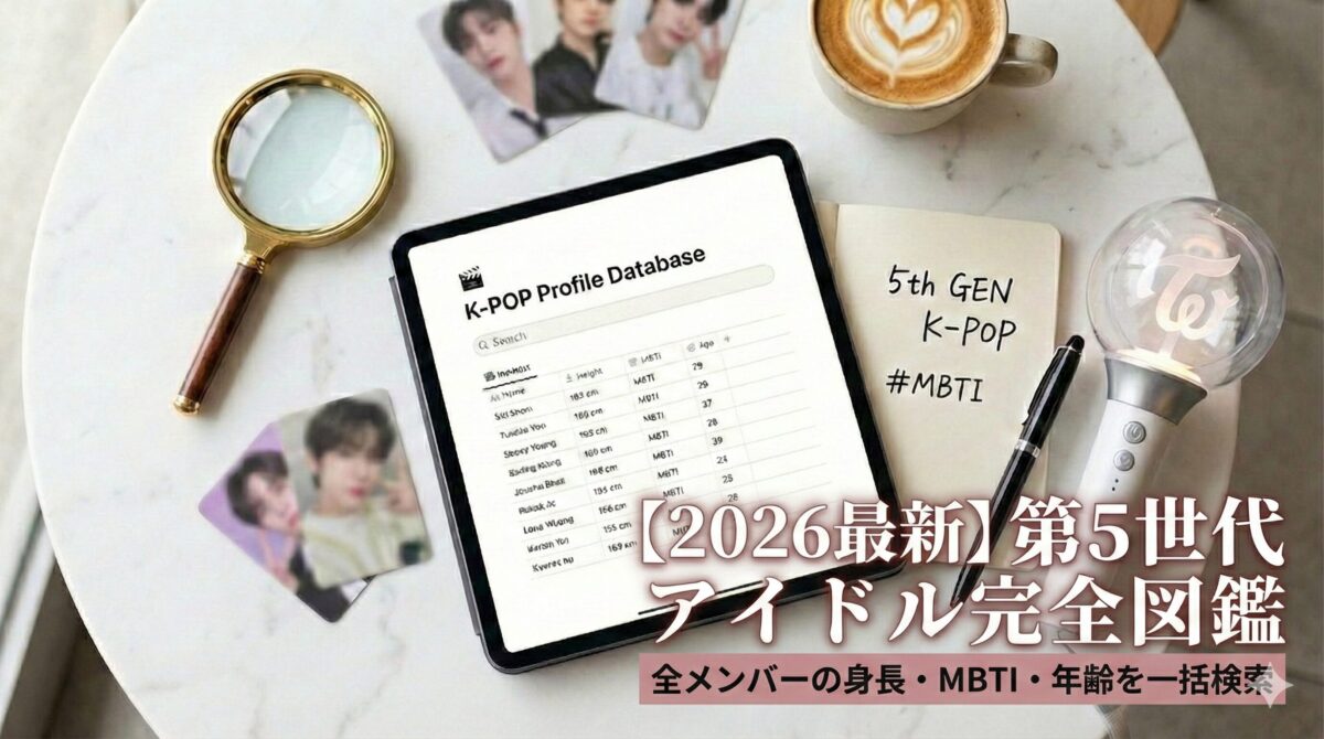 第5世代アイドル完全図鑑のアイキャッチ画像。全メンバーの身長・MBTI・年齢を一括検索できるデータベース一覧。
