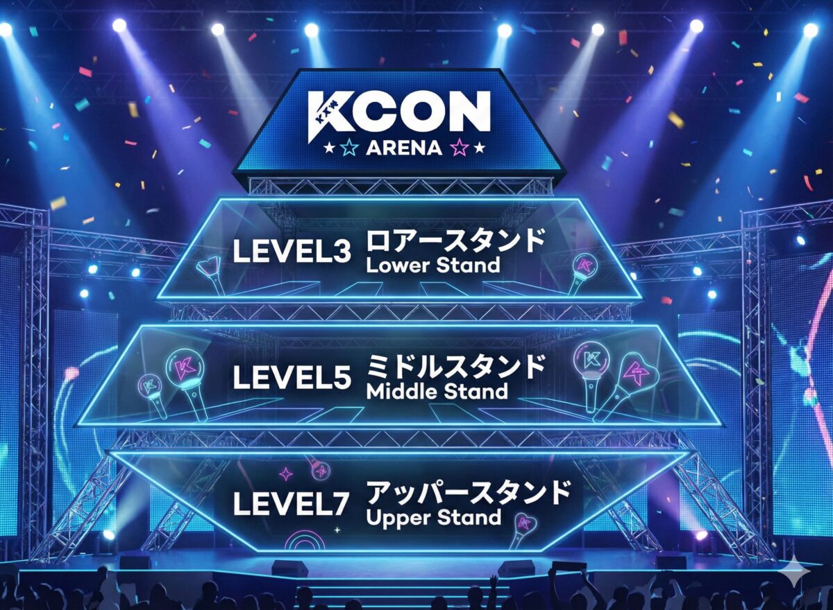 Kアリーナ横浜の座席構造（LEVEL3、LEVEL5、LEVEL7）を近未来的なネオンブルーの階層図で示したインフォグラフィック画像