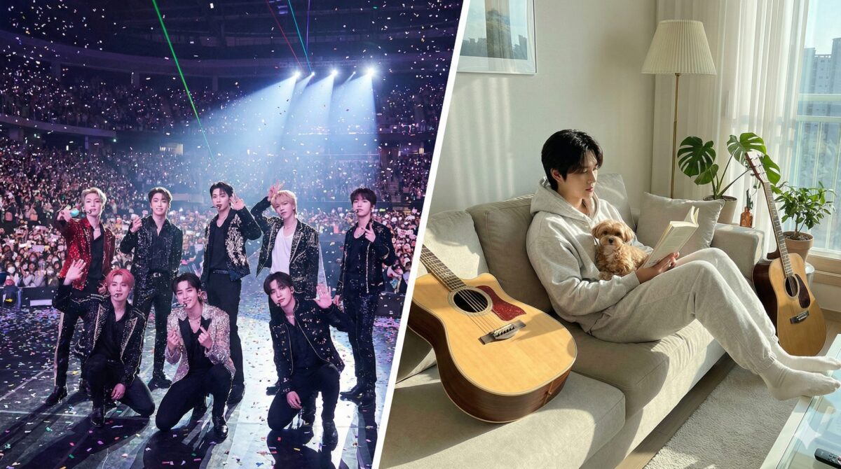 左側はステージで華やかな衣装を着てファンに手を振るアイドルグループの様子、右側は自宅のリビングでリラックスした服装で犬を抱き、本を読んでいる男性の様子。アイドルの公(オン)と私(オフ)の対比を示した画像。