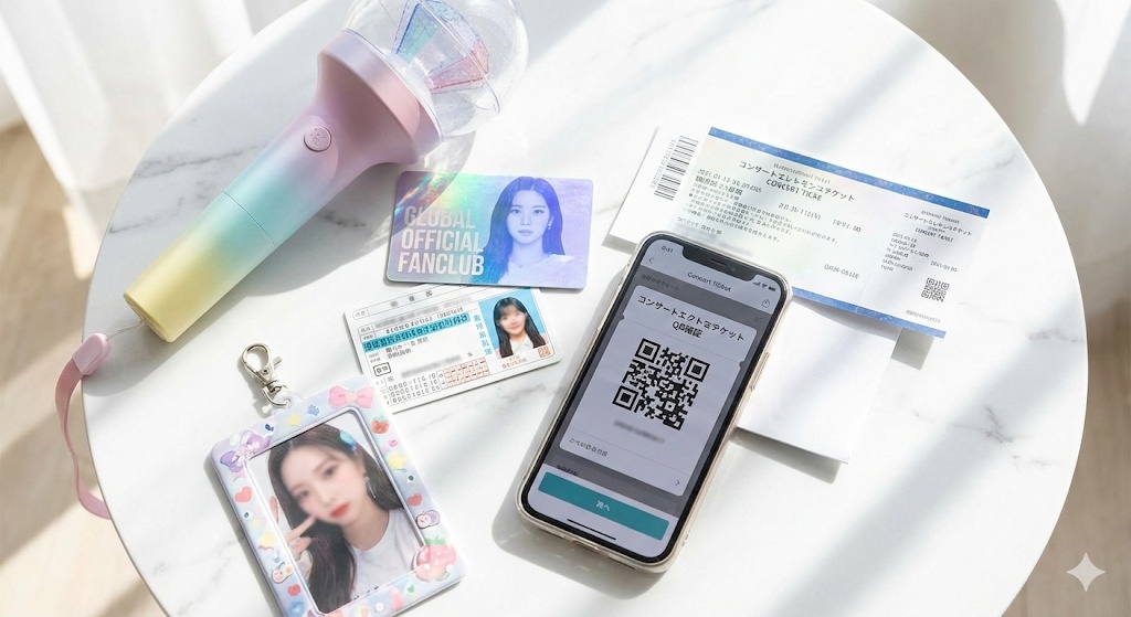 大理石のテーブルに並べられたコンサートの本人確認セット。電子チケットが表示されたスマホ、ホログラムのファンクラブ会員証、運転免許証、紙チケット、パステルカラーのペンライト。