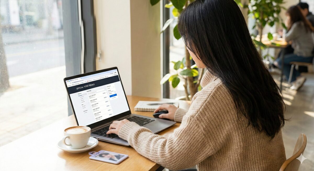 カフェでノートパソコンを開き、コンサートの公式リセールサイトを真剣にチェックしている女性の後ろ姿。テーブルにはコーヒーとペンライトが置かれている。