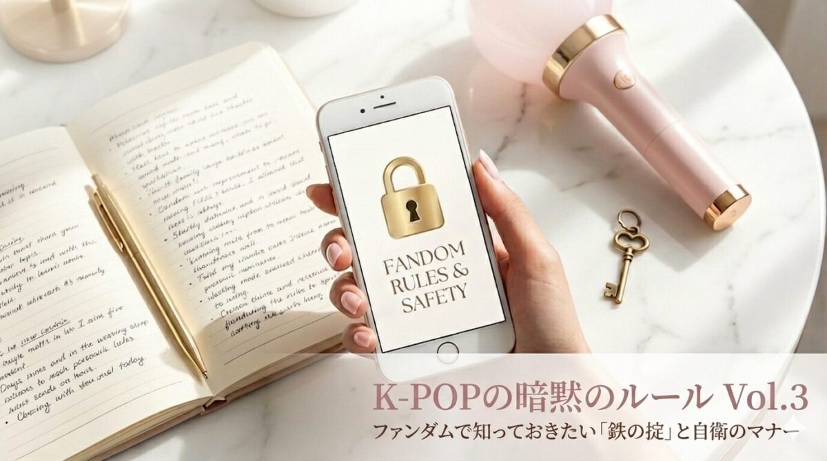 K-POPの暗黙のルール Vol.3｜ファンダムで知っておきたい「鉄の掟」と自衛のマナー。白い大理石のテーブルを背景に、南京錠のアイコンが表示されたスマートフォン、手帳、アンティークな鍵、ピンクのペンライトが置かれた上品なイメージ画像。