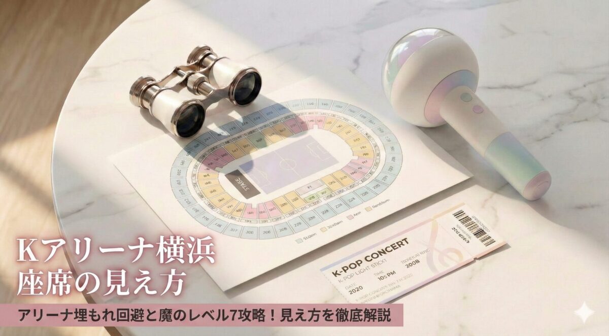 Kアリーナ横浜の座席見え方とレベル7攻略ガイド。座席表、ペンライト、双眼鏡、チケットが置かれたテーブルのイメージ写真