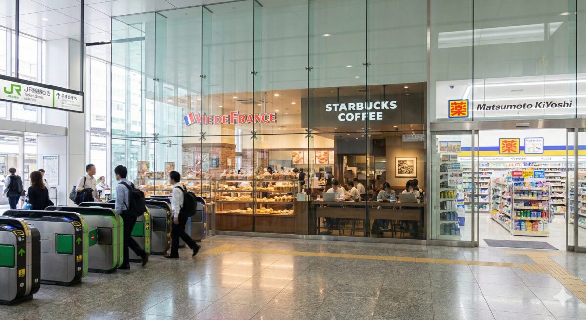 駅に併設されているカフェ・ベーカリー・ファーマシーの様子