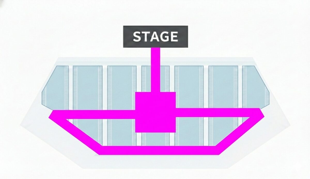 Kアリーナ横浜のアリーナ外周にトロッコ通路がある場合の座席配置図の例