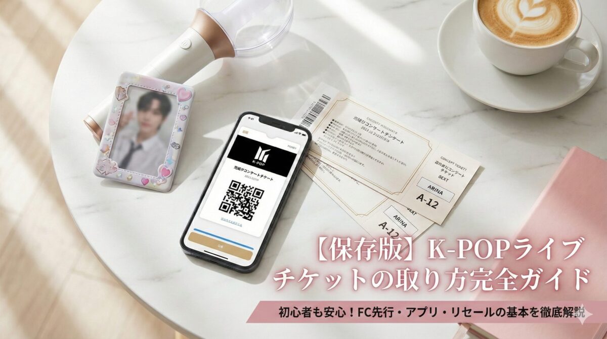 日本のK-POPライブチケットの取り方解説、スマートフォンに表示されたQRコードチケットと紙チケット、大理石のテーブル