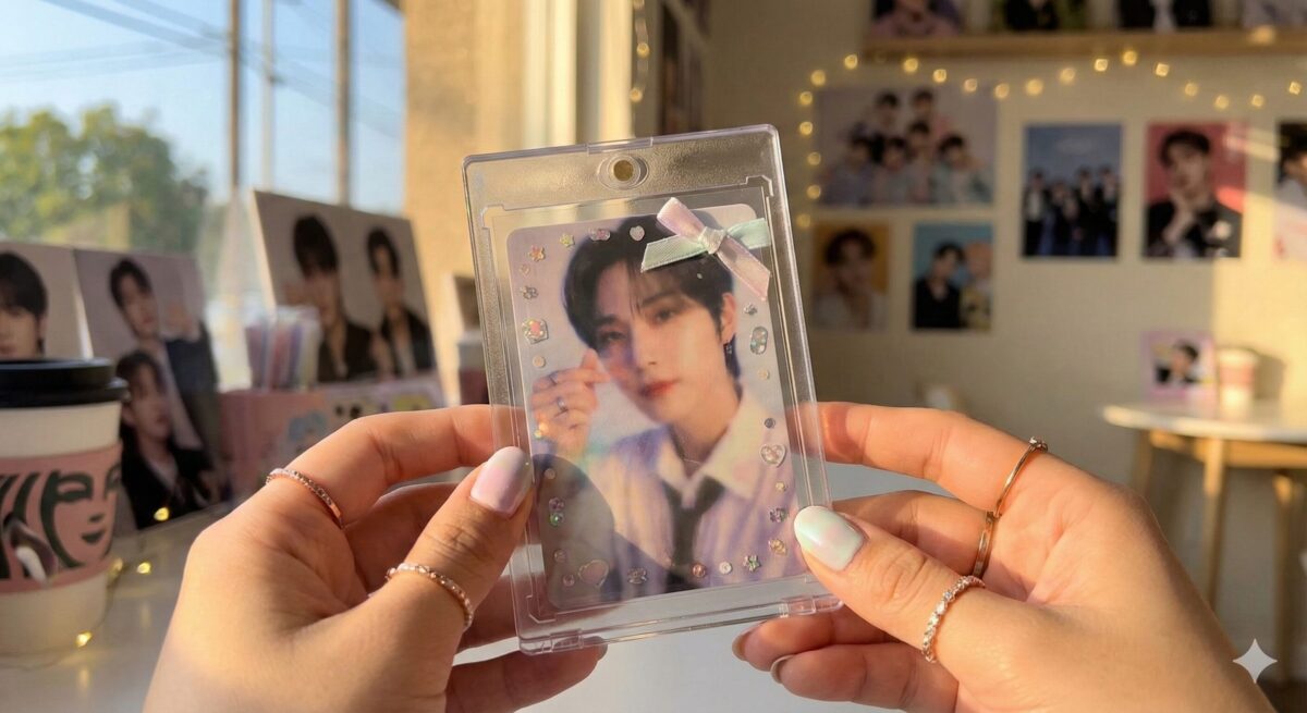 K-POPのポカ（トレカ）を可愛くデコレーションして持っている手元の写真。