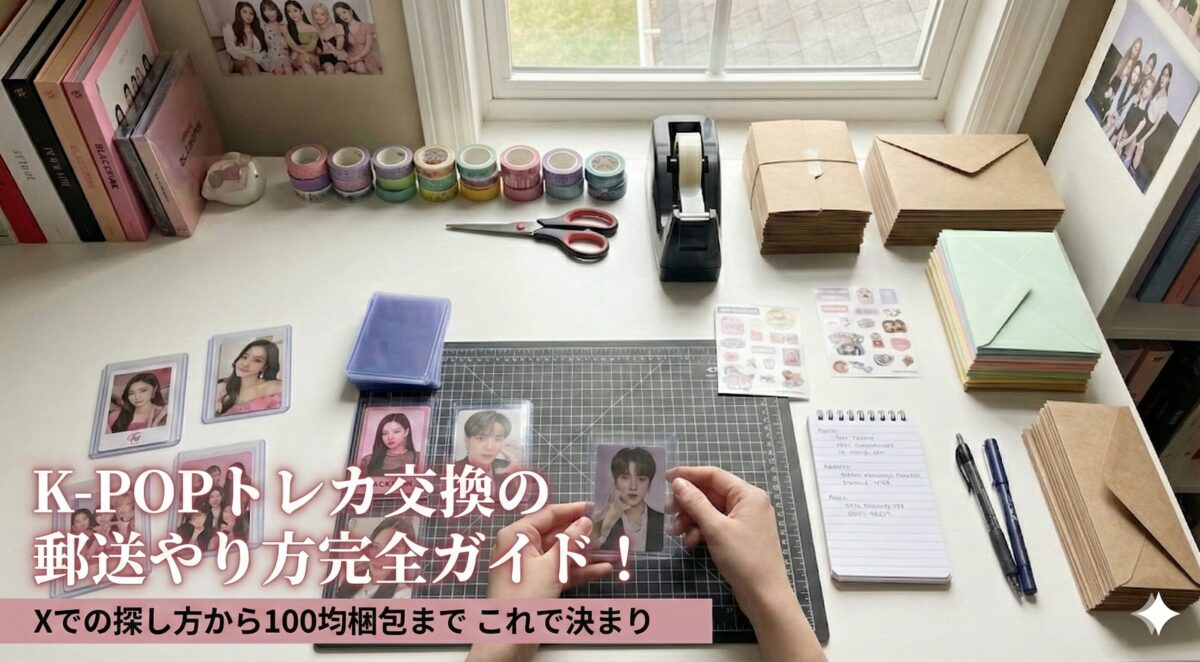 K-POPトレカ交換の梱包作業風景。白いテーブルの上に置かれた硬質ケース、スリーブ、マステ、封筒の準備イメージ