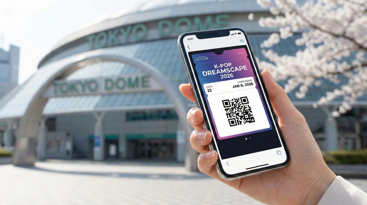 東京ドームの入場ゲート前で、デジタルチケットのQRコードを表示したスマートフォンをかざす女性の手元。背景には東京ドームの建物と美しい桜の木。