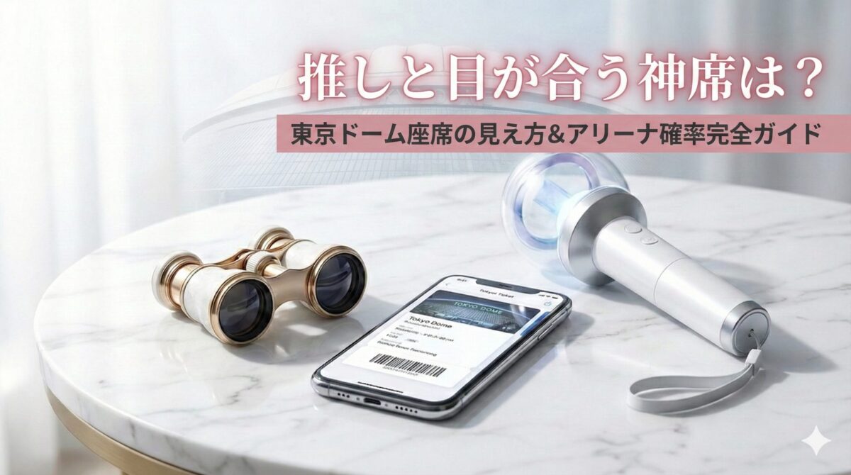 東京ドームのコンサート座席の見え方と神席を解説するアイキャッチ画像。大理石の上に双眼鏡、スマホの電子チケット、ペンライトが置かれ、背景にはドームのシルエット。「推しと目が合う神席は？ 東京ドーム座席の見え方＆アリーナ確率完全ガイド」の文字。
