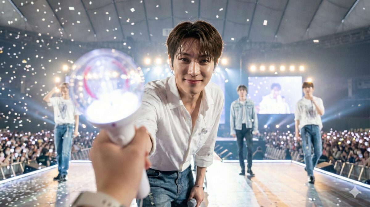 東京ドームのサブステージ正面から見た、至近距離で観客に微笑みかけ、ペンライトに手を伸ばすK-POPアイドルの様子。ライブ会場の臨場感とファンサービスの瞬間。