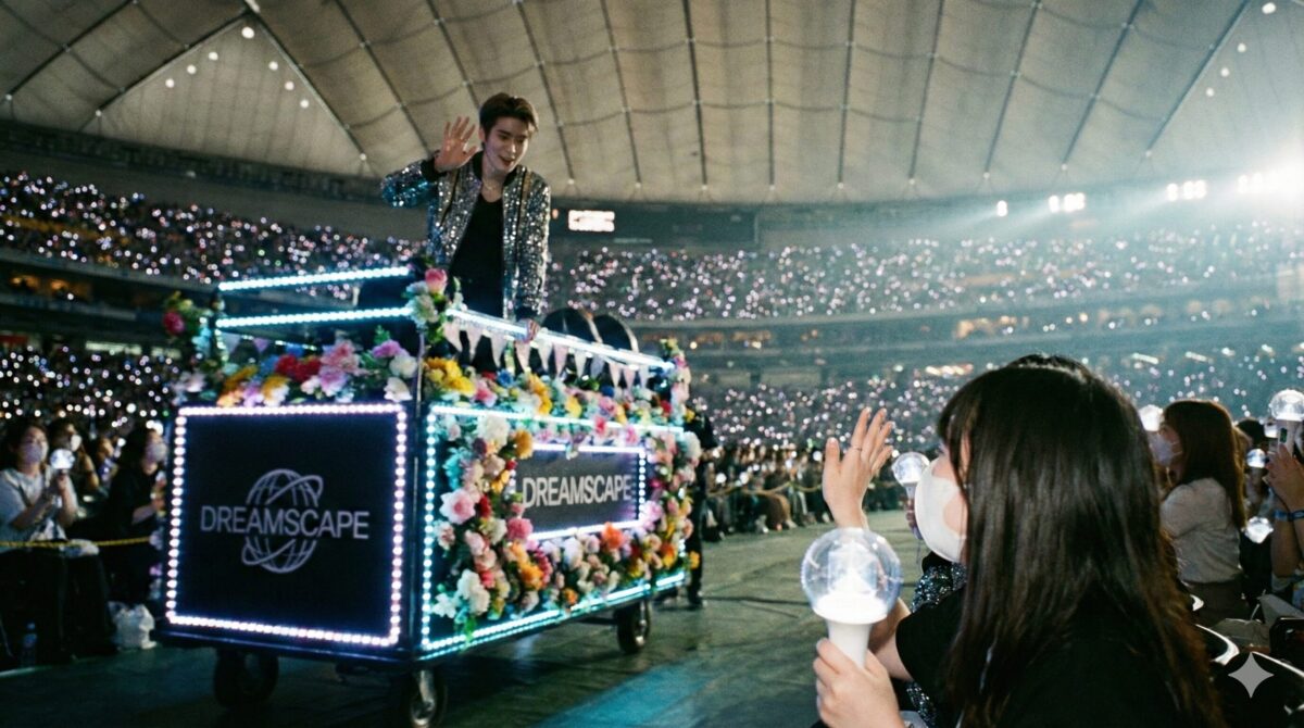 東京ドームのコンサートで、電飾と花で装飾されたトロッコに乗った男性アイドルが、スタンド席のファンに至近距離で笑顔で手を振っている様子。手前のファンがペンライトを振って応えている。