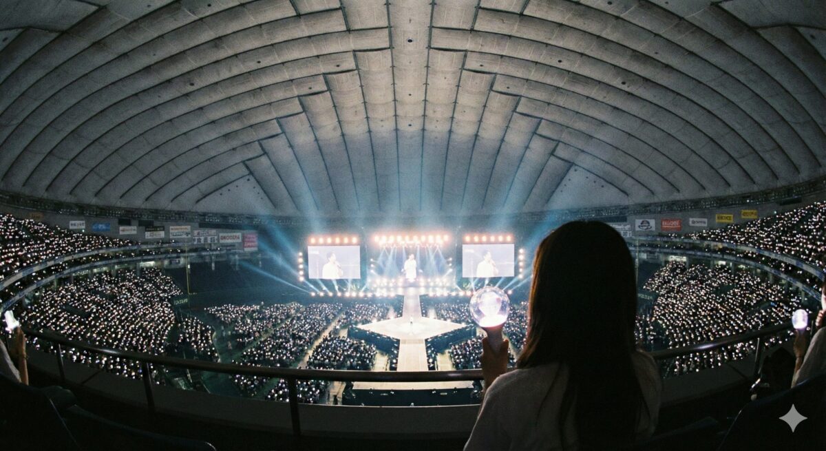 東京ドームの天井席（スタンド上層階）から見た、ペンライトで埋め尽くされた会場のパノラマビュー。後ろ姿の女性がペンライトを持ち、遠く輝くステージを見つめている様子。