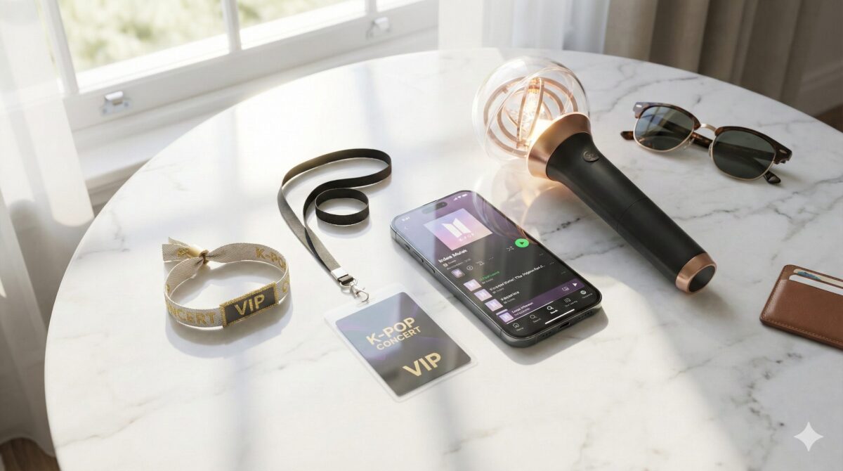 白い大理石の上に置かれたVIP席のリストバンド、ネックストラップ付きのパス、スマートフォン、ペンライト。特別なコンサート体験への期待感を表現した画像。