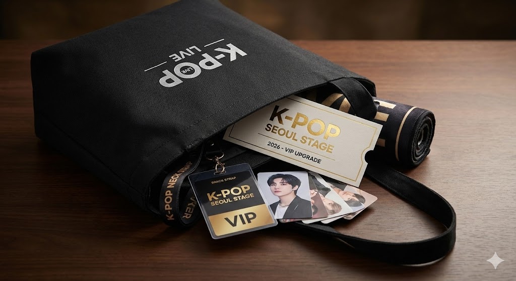 K-POPコンサートのVIPアップグレードチケットと限定お土産。ゴールド箔押しのVIPチケット、特製ライトスティック、フォトブック、ネックストラップが入ったギフトボックス。