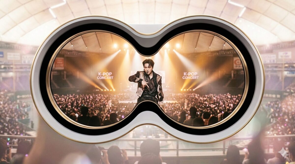 コンサート会場の遠い席から双眼鏡を覗いた際の視界シミュレーション。双眼鏡のレンズ越しにステージのパフォーマーがはっきりと見えている様子。