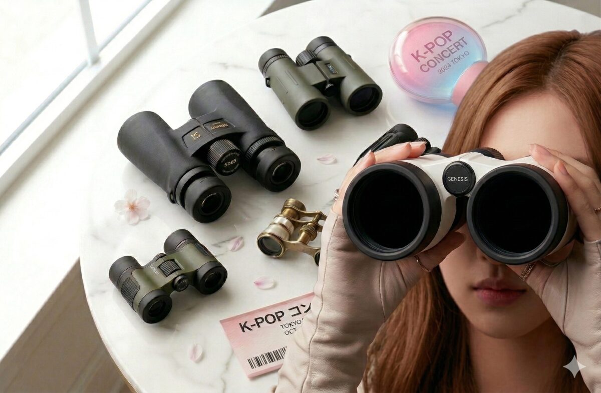 白い大理石のテーブルに並んだ数種類のコンサート用双眼鏡と、右下で白い双眼鏡を構える女性のクローズアップ。ペンライトやチケットも置かれた準備シーン。