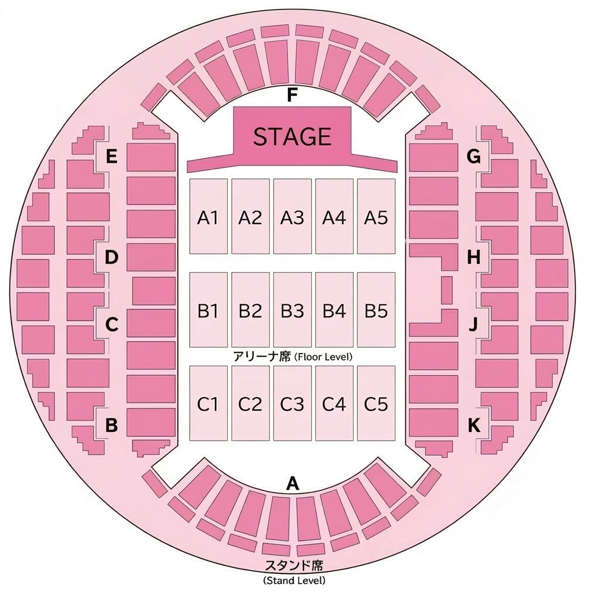 幕張イベントホール　座席表　イメージ画像　アリーナとスタンドのアルファベット配置